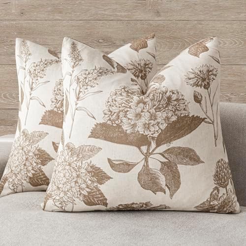 Foindtower Set of 2 Linen Floral Throw Pillow Covers Neutral Vintage Print Decorative Cushion Covers Farmhouse Boho Home Decor for Sofa Chair Couch Bedroom Living Room,24×24 Inch,Light Brown by Foindtower