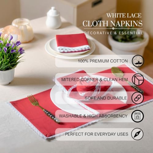 FINGERCRAFT Lace Cloth Napkins, 100% Cotton, 12 Pack, 20x20 Inch, Tango Red - Image 5