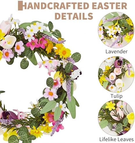 22in Faux Tulip Spring Sumemr Wreath, Artificial Tulip and Lavender Wreath with 2 Matching Bouquets, Fake Flower Door Wreath with Real Rattan Base, Front Door Home Decor Mother's Day - Image 3