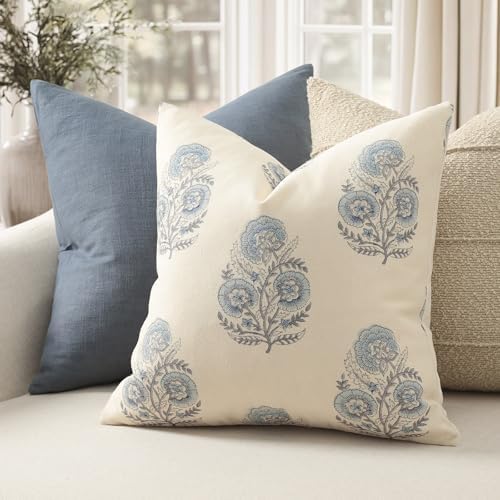 YCOLL Vintage Floral Print Pillow Covers 22x22 Set of 2 Patterned Accent Decorative Cushion Covers Modern Farmhouse Throw Pillow Covers for Sofa Couch Chair Bed Living Room Home Decor, Light Blue - Image 2