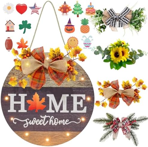 Interchangeable Seasonal Welcome Sign Front Door Decoration with 4 Seasonal Wreaths and LED Light, Rustic Round Wood Wreaths Wall Hanging Outdoor, Farmhouse Front Door Decoration Home Décor by HOME
