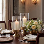 Gold Hurricane Candle Holder with Glass Cylinder Metal Pedestal Candlestick - Image 5