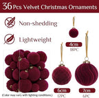 XmasExp 36PCS Velvet Christmas Ornaments Set Mixed Flocked Balls Ornaments Shatterproof Christmas Tree Decorations for Holiday,Party,Home(Burgundy) - Image 3