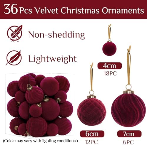 XmasExp 36PCS Velvet Christmas Ornaments Set Mixed Flocked Balls Ornaments Shatterproof Christmas Tree Decorations for Holiday,Party,Home(Burgundy) - Image 3