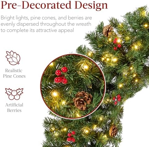 Best Choice Products 30in Pre-Lit Christmas Wreath w/Berries & Pinecones, Large Artificial Indoor/Outdoor Decor for Door, Mantel w/Red Bow, Plug-in - Image 2