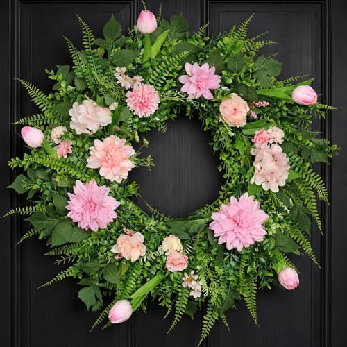 24 Inch Spring Wreath for Front Door, Pink Floral Wreath with Artificial Tulips, Dahlias & Eucalyptus, Hydrangeas and Peonies, Flower Wreath with Gift Box for Home Decorations by YaterYing