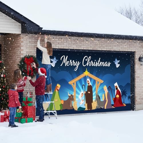 Garage Door Christmas Cover 7x16FT: Garage Nativity Scene Decorations with Bar Magnets & Ropes, Holiday Garage Door Banner Decorative Xmas for Indoor Outdoor [Include Installation Instructions] - Image 5