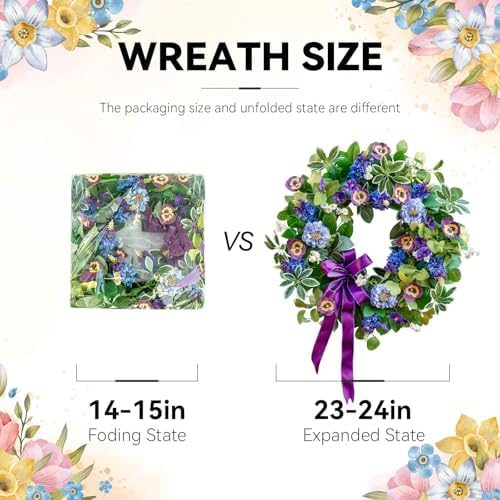 Spring Summer Wreaths for Front Door 24 Inch, Outdoor Summer Wreath with Pansy, Hydrangea & Floral Accents, Spring Wreath for Front Door Outside, Summer Wreaths Front Door for Home Decor - Image 3