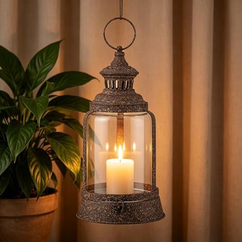14" Twakutwaku Verstile Farmhouse Metal Hurricane Lantern in Rustic Brown, Glass Candlestick Holder, Decorative Pillar Candle Holder, Glass Dome Cloche Display (Rustic Brown, Medium) - Image 3