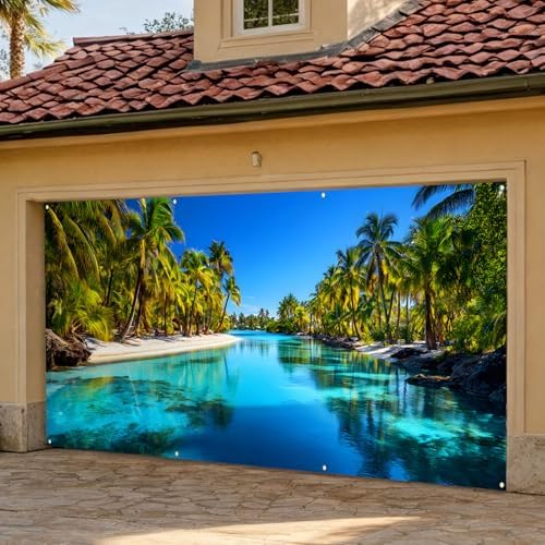 Garage Door Banner Cover 6x13 ft, Tropical Beach Palm Tree Garage Door Background, Large Outdoor Backyard Summer Decoration - Image 2