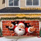 Funny Santa Claus Christmas Garage Door Banner 7x16 FT, Large 2-Car Brick Wall Breaking Through Outdoor Mural Backdrop, Cool Holiday Hanging Peeking Cover Sign Decoration for House Exterior Party - Image 6