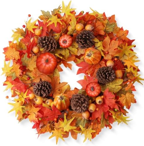 Fall Wreaths for Front Door 24 Inch Fall Wreath with Orange Pumpkins Pinecones Maple Leaves Large Berries Autumn Wreath for Thanksgiving Harvest Wall and Porch Farmhouse Decor by WSTPUPU