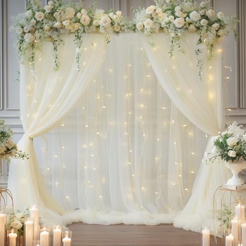 10x10ft Ivory Tulle Backdrop Curtain with Lights String for Parites, Sheer Photo Backdrop Curtain Drapes for Wedding Baby Shower Birthday Party Photo Shoot Decorations - Image 4