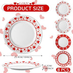 Jinei Set of 8 10 Inch Valentine's Day Ceramic Flat Plates Red White Heart Dining Serving Plates Round Dessert Salad Dish Set Gift for Valentine's Day Wedding Anniversary Party Decoration - Image 2