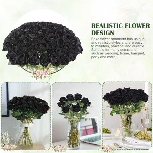 Rowfad 60 Pcs Artificial Roses Bulk, Fake Velvet Silk Flowers, Black - Image 5