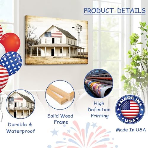 July 4th Patriotic Canvas Wall Art 4th of July USA Decorations Rustic Old Barn Artwork American Flag Painting Independence Day Home Decor 24x32in - Image 4