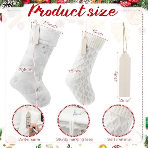 8 Pcs Neutral Christmas Stockings Set, 20'' Farmhouse Plush Faux Fur & 18'' Earth Tones Brown Cable Knitted Fireplace Xmas Stockings with Name Tags for Family Holiday Decor - Image 2