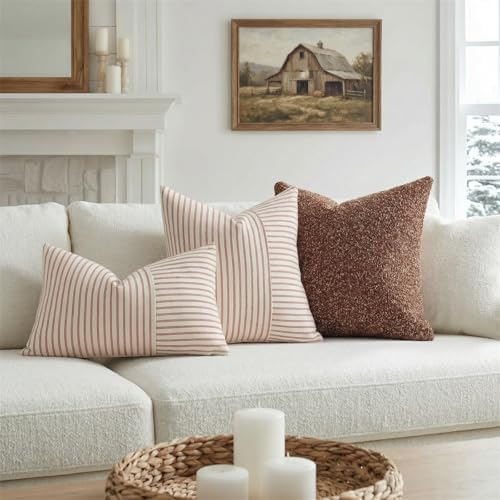 Farmhouse Euro Sham Pillow Covers 26x26, Modern Accent Square Throw Pillow Covers Set of 2, Yellow and Beige Striped Patchwork Linen Decorative Pillows Cushion Covers for Bed Sofa Couch Living Room - Image 4