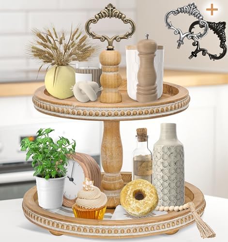 2 Tiered Tray Wooden Serving Stand by Felt Creative Home Goods. Small Beaded Tray for Home Decor Display Farmhouse Country Decoration Kitchen or Dining. Includes 3 Finial Custom Handles (Brown) by FeltCreativeHomeGoods