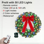 24" Pre-lit Christmas Wreath with 50 Lights & Timer & Remote, 150 Branches - Waterproof Battery Operated Lighted Christmas Door Wreath with Hanger & Red Bow for Christmas Outdoor Decorations - Image 5