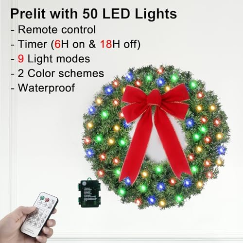 24" Pre-lit Christmas Wreath with 50 Lights & Timer & Remote, 150 Branches - Waterproof Battery Operated Lighted Christmas Door Wreath with Hanger & Red Bow for Christmas Outdoor Decorations - Image 5