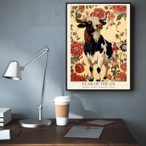 Chinese Lunar Year of the Ox Art Print – Traditional Oriental Home Decor with Red Floral Pattern Reliable Determined Strong Zodiac Wall Decor Aesthetic Family Wall Art 20X30 in Black Framed - Image 6