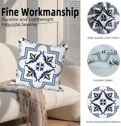 Blue Flowers Geometry Throw Pillow Covers 26"x26" Set of 4, Bohemian Abstract Floral Throw Pillow Cases Moroccan Sofa Cushion Covers for Couch Chair Patio Home Indoor Outdoor Decorative - Image 2