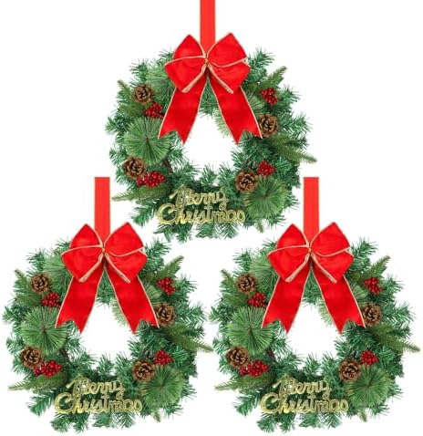 15 Inch Christmas Wreath Decorations,Set of 3 Mini Kitchen Cabinet Christmas Wreaths with Red Bows&Pine Cones& Berries,Includes Hooks & Storage Bag for Front Door, Windows, Fireplace (Indoor/Outdoor) by LIFENCE