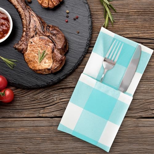 Cupuamon Buffalo Plaid Table Napkins Set of 100, 17x17 inch, Aqua and White, Polycotton Blend, Plaid Pattern - Image 6