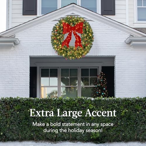 Best Choice Products 48in Pre-Lit Christmas Wreath w/Berries & Pinecones, Large Artificial Indoor/Outdoor Decor for Door, Mantel w/Red Bow, Plug-in - Image 3