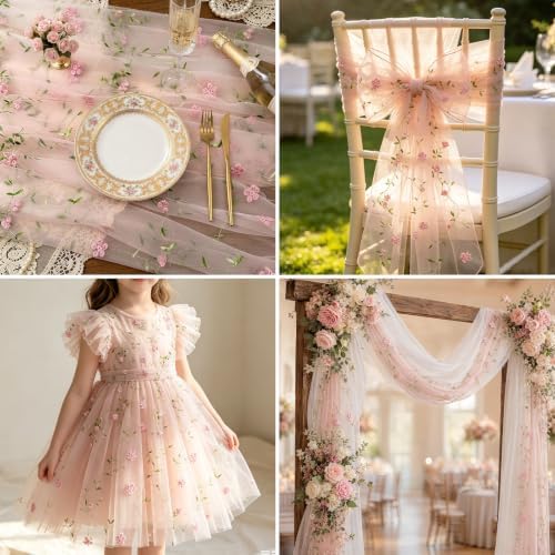 Ebrima 3 PCS Pink Floral Table Runner 9.2FT Embroidery Tulle FlowerTable Runner Mesh Lace Fabric for Home Garden Wedding Party Dining Table Decor DIY Craft (3) - Image 3