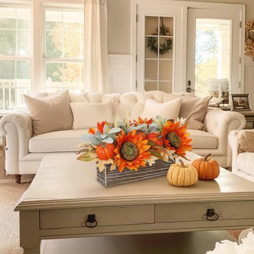 DILATATA Fall Decor Autumn Harvest Floral Centerpiece with Artificial Sunflowers Lambs Ear Gourd and Berries Arrangement for Thanksgiving Party Mantel Fall Decor - Image 5
