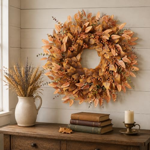 26" Fake Fall Eucalyptus Wreath with Berry for Front Door Decor(Orange) - Image 3