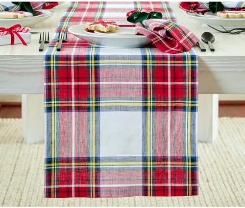 Solino Home 100% Pure Linen Table Runner White, Stewart Plaid 14 x 108 in by SolinoHome