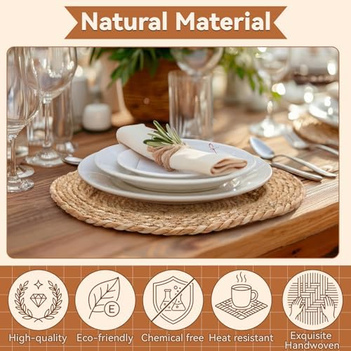 LemonRoad 13 Inch Boho Placemats Set of 12 Large Round Farmhouse Chargers Plate Mats Cattail Weave Woven Table Mats for Dining Plates Rustic Home Kitchen Wedding Party Table Decor, Natural Colors - Image 2