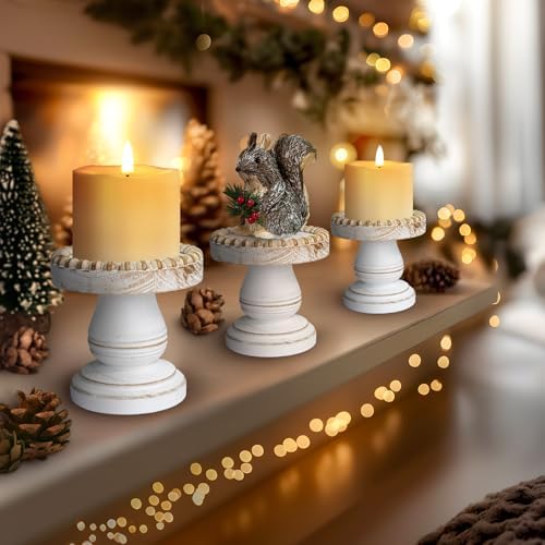 Small Candle Holder for Pillar Candle Set of 3, Farmhouse Wood Candle Holder, Rustic Wooden Candle Stand, Vintage Candle Stand Decorative for Living Room, Table Centerpiece, Retro White - Image 4