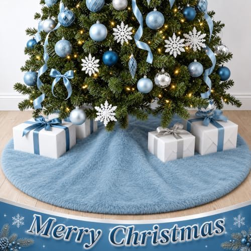 Viorawhite Dusty Blue Christmas Tree Skirt, 60 Inch Large Faux Fur - Image 2