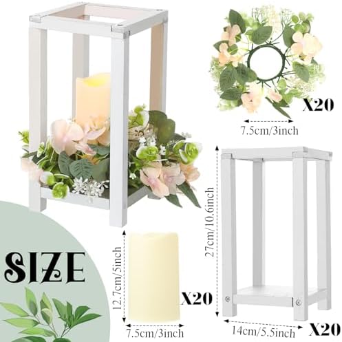 Hushee 60 Pcs Wooden Wedding Lantern Centerpiece Candles Wreaths Set,White - Image 2