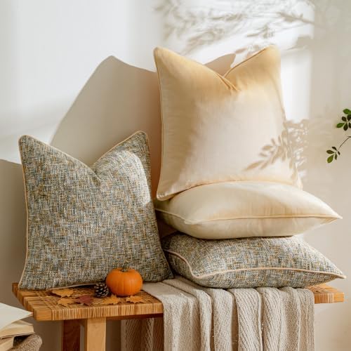 a moment Yellow 4 Pack Throw Pillow Covers - Chenille & Velvet Set with Piping, Farmhouse Textured Design Pillow Cases for Couch Sofa Bed Livingroom (18x18 Inch, No Insert) - Image 3