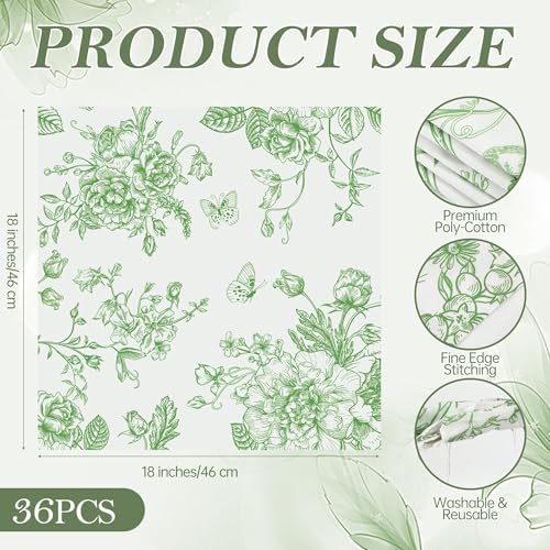 Kochorie 36 Pieces Green Floral Cloth Napkins, 18 x 18 Inch Reusable Soft Fabric Napkins, Washable Flower Dinner Cocktail Napkin for Spring Summer Tea Party Holiday Home Kitchen Wedding Restaurant - Image 2