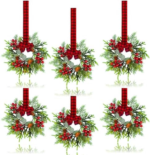 6 Pcs Small Christmas Wreath - Mini Wreaths with Red Berry Pine Eucalyptus Christmas Wreaths for Door Kitchen Cabinets Window Fireplaces Decor by JUSTOTRY