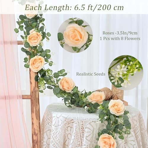Dolicer 4Pcs 26Ft Artificial Eucalyptus Garlands with Flowers - 8 Roses, Faux Floral Greenery Garlands Fake Flowers Vines for Wedding Table Centerpieces Arch Party Ceremony Backdrop Decor (Champagne) - Image 3