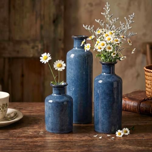 Ceramic Vase Set of 3, Deep Blue Glazed Bud Vases for Home Decor, Modern Farmhouse Decorative Blue Vases for Flowers, Table Centerpiece Set for Dining Room Living Room Kitchen Shelf Mantel - Image 3
