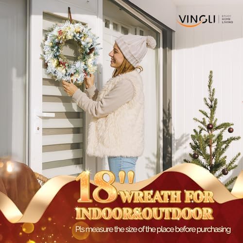 VINGLI 2 Pcs 18 Inch Small Christmas Wreath, Flocked Xmas Wreath w/60 Lights, 140 Tips, Pine Cones, Berries, PE&PVC Wreath with Lights for Indoor/Outdoor Holiday Decor, Battery Operated - Image 6