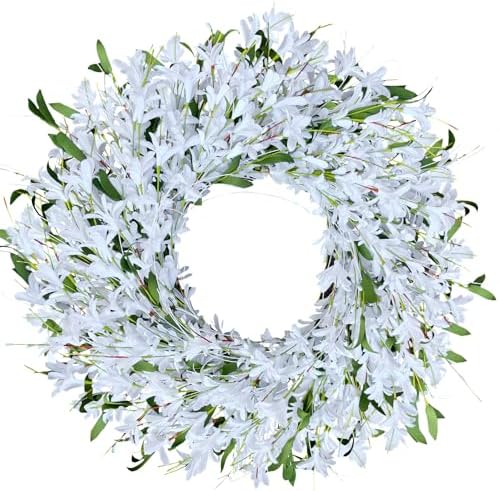 LOKEISNA Spring Wreath White Forsythia Door Wreath, 24 Inch Summer Wreaths for Front Door Outside, Artificial Handmade Forsythia Flower Wreath for Front Door Window Wall Indoor Outdoor Décor Gift by LOKEISNA