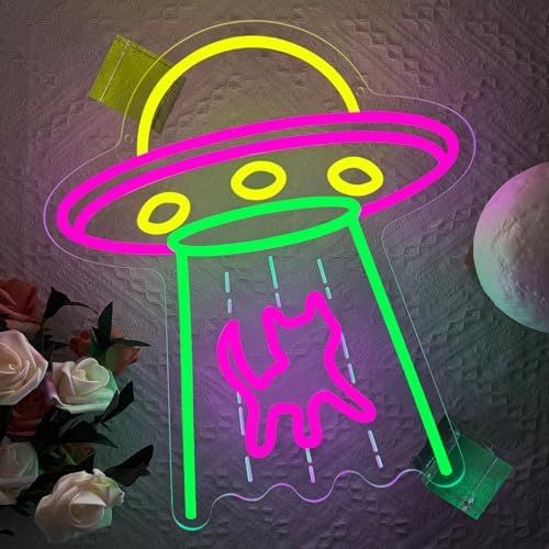 Cat Neon Sign, UFO Cat Spaceship Space Travel Led Neon Light Signs Cat Night Lamp for Astronomy Game Room Man Cave Party Decorations Bedroom Birthday Gift USB Powered(14.4” x 12.6") - Image 7