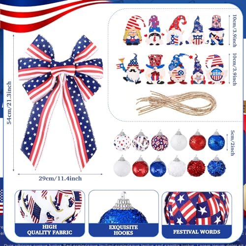 43 Pcs 4th of July Patriotic Tree Decorations Independence Day Christmas Tree Ornaments Ribbon Bow Topper Red White and Blue Hanging Ornaments for National Memorial Day Party - Image 3