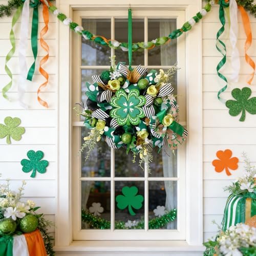 idyllic Irish Festival Aloe Green 22 Inch St Patricks Day Wreath, Four Leaf Clover Wood Sign with Green White Bow, Shamrock Decorations for Front Door Window Indoor Outdoor Holiday Decor - Image 5