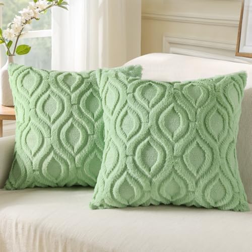 decorUhome Faux Fur Light Sage Green Throw Pillow Covers 26x26 Set of 2 by decorUhome
