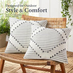 Mecatny Boho Outdoor Throw Pillow Covers 22x22 Set of 2 Grey & Cream White - Image 3